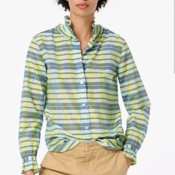 J. Crew Classic-Fit Silk-Cotton Voile Ruffleneck Shirt Sz 4 Spring Plaid Preppy - Picture 1 of 8